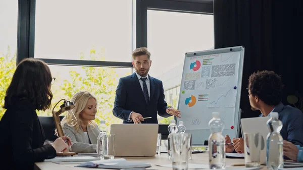 Jovem empresário falando perto flipchart em reunião com colegas multiétnicos — Fotografia de Stock