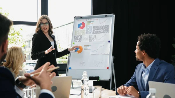 Businesswoman in eyeglasses pointing at flip chart during meeting with interracial managers — Stock Photo