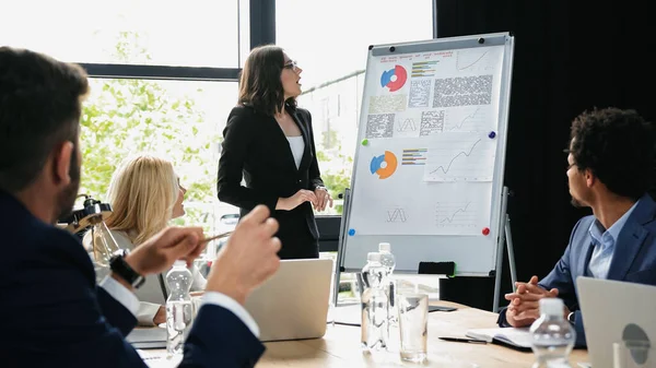 Young manager talking near flipchart on meeting with multiethnic business people — Stock Photo