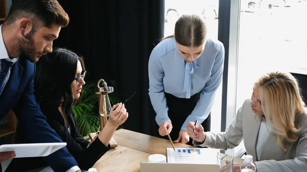 Young businesswoman pointing at infographics during meeting with colleagues — Stock Photo