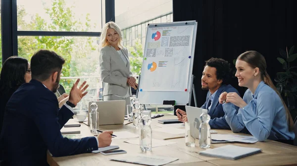 Man pointing with hand while talking to middle aged businesswoman near smiling interracial colleagues — Stock Photo