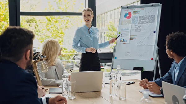 Mujer de negocios positiva señalando el rotafolio y hablando con colegas interracial en la sala de reuniones - foto de stock