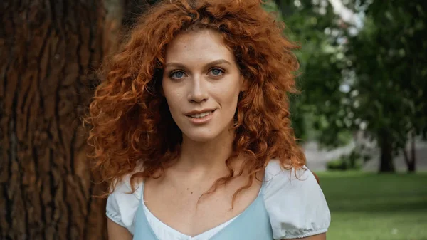 Curly redhead woman looking at camera in green park — Stock Photo
