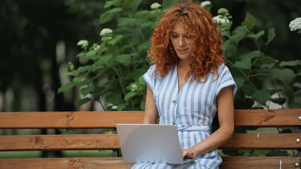 Кучерява руда жінка посміхається за допомогою ноутбука, сидячи на лавці в парку — стокове фото