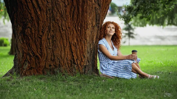 Curly redhead woman in blue striped dress sitting under tree trunk with paper cup — Stock Photo