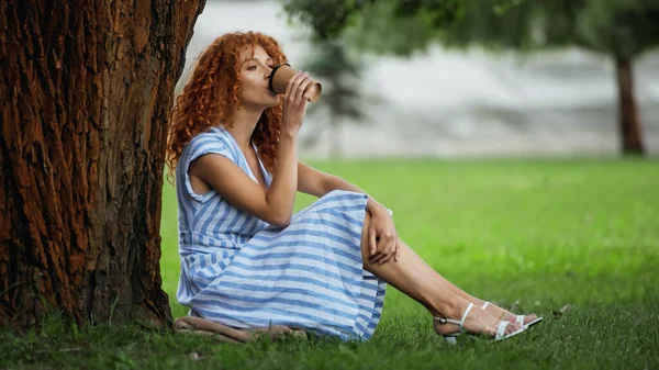 Pretty redhead woman in blue dress sitting under tree trunk and drinking coffee to go — Stock Photo