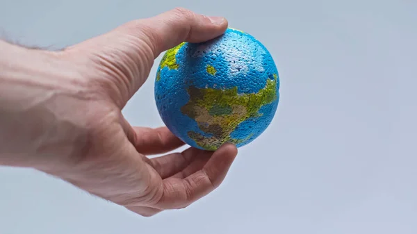 Cropped view of man holding small globe in hand isolated on grey — Stock Photo