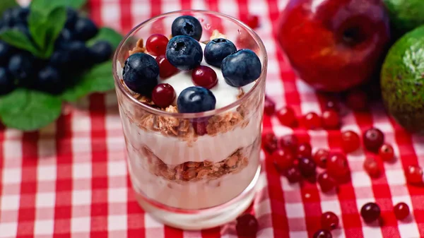 Cranberries and blueberries on top of fresh yogurt with granola — Stock Photo