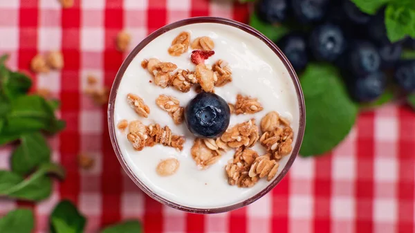 Blick von oben auf Blaubeere und knuspriges Müsli auf frischem Joghurt — Stockfoto