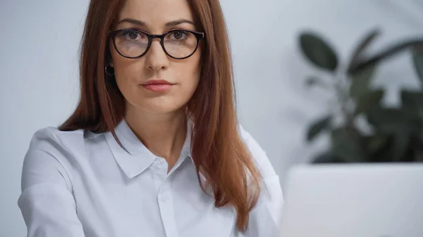 Brunette businesswoman in eyeglasses looking at camera while working in office — Stock Photo