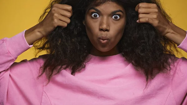 African american woman in pink sweatshirt pouting lips and adjusting curly hair isolated on yellow — стокове фото