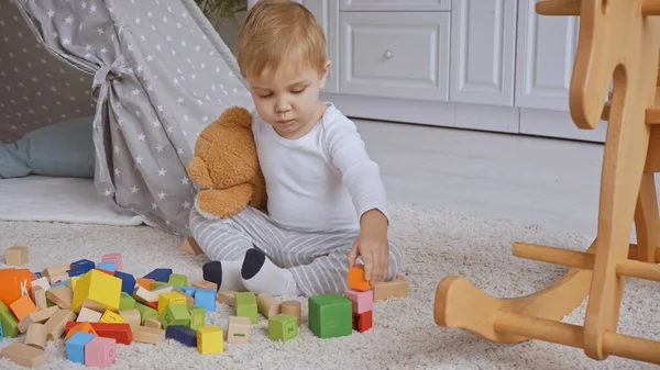 Toddler boy holding teddy bear and playing with multicolored wooden blocks near rocking horse on carpet - foto de stock