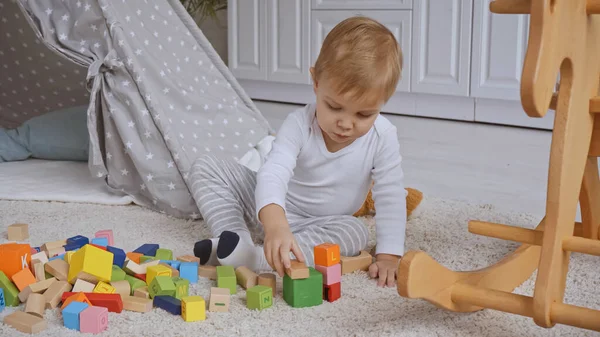 Toddler boy playing with multicolored wooden blocks near rocking horse on carpet - foto de stock