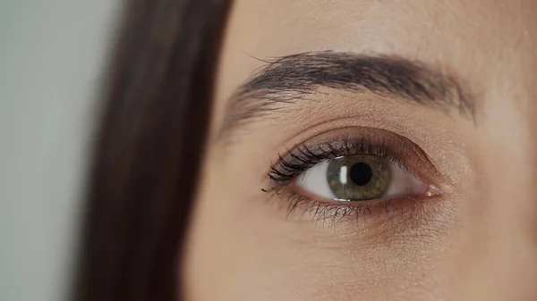 Close up view of woman with hazel eye and mascara on eyelashes looking at camera isolated on grey — Photo de stock