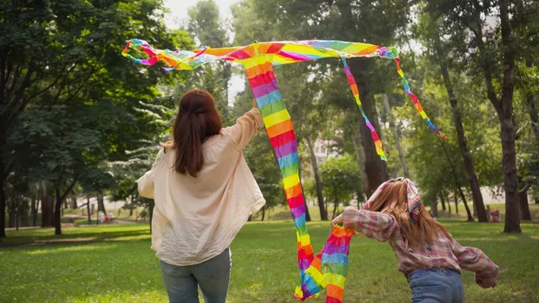 Back view of mother and child playing with flying kite in park — Stock Photo