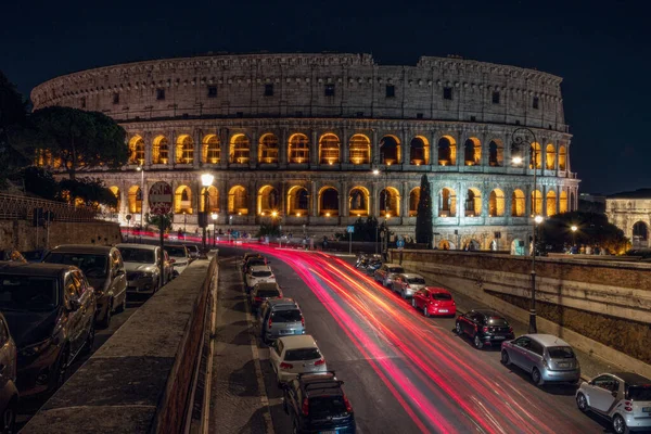 Colosseum Éjszaka Róma Olaszország Hosszú Expozíciós Fények — Stock Fotó