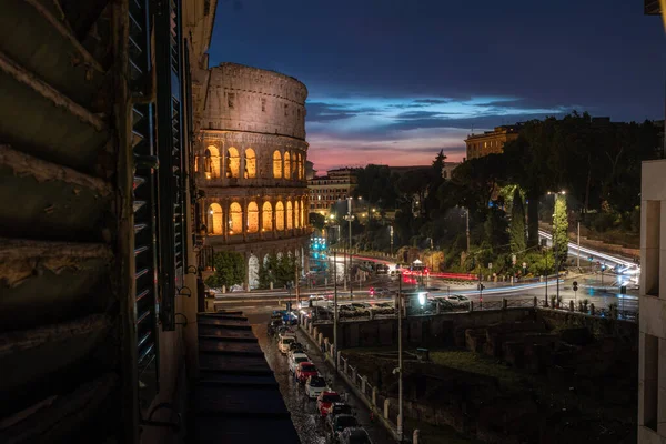 Solnedgång Över Colosseum Staden Rom — Stockfoto