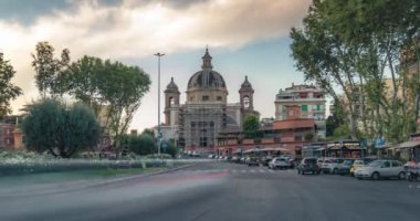 4K Timelapse view of Piazza Ponte Milvio, Rome, Italy at Sunset. fast traffic motion