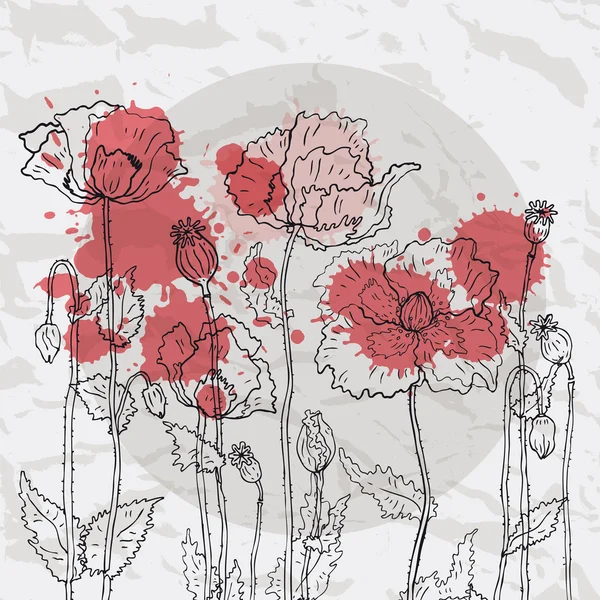 Amapolas rojas sobre un fondo de papel arrugado — Vector de stock