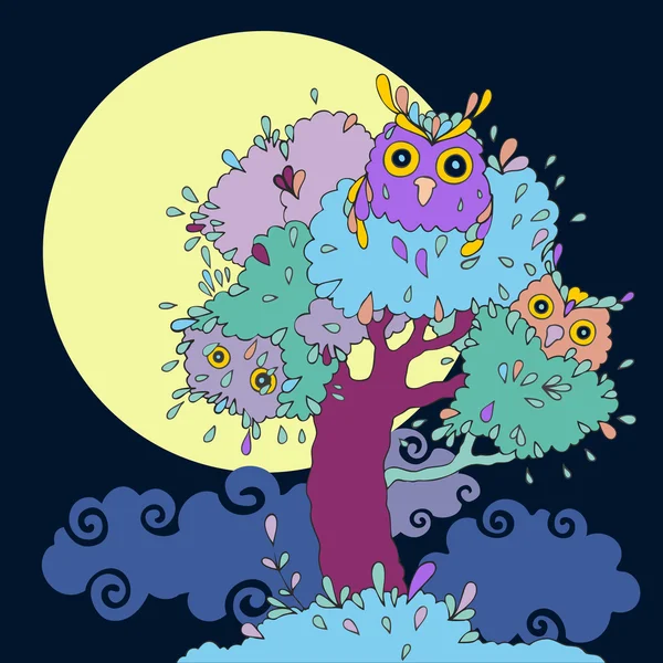 Owls in tree. Funny cartoon illustration. — Stock Vector