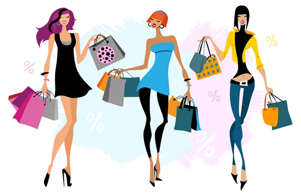 Ttres mujeres con bolsas de compras — Vector de stock