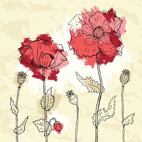 Red poppies on a crumpled paper background — Stock Vector