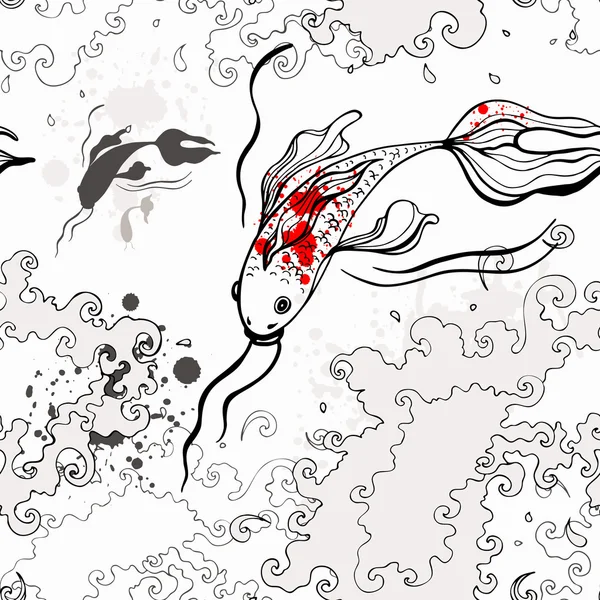 ปลาโคอิ พื้นหลังทะเล วาดด้วยมือ — ภาพเวกเตอร์สต็อก