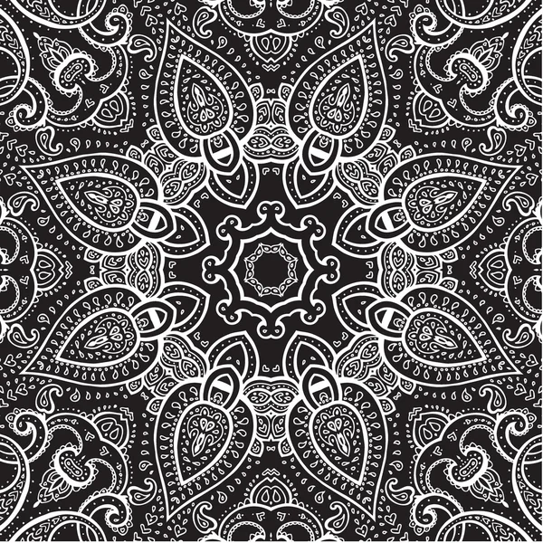 Krajka pozadí. bílá na černém pozadí. Mandala. — Stockový vektor