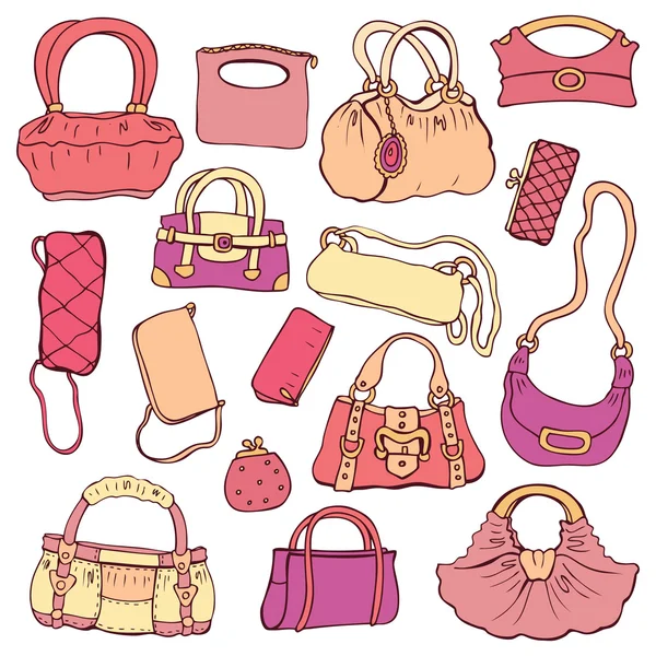 女性のハンドバッグ。手描きベクトルを設定 — ストックベクタ