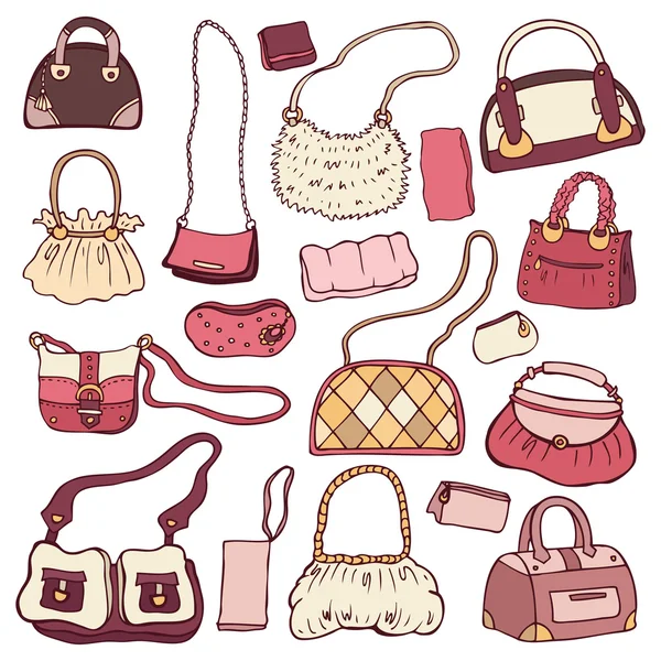 女性のハンドバッグ。手描きベクトルを設定 — ストックベクタ