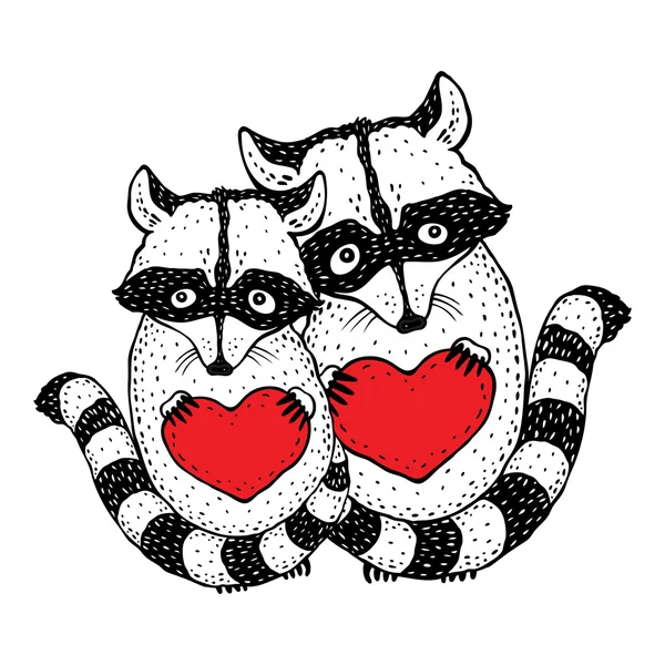 Cute raccoon with heart in hands. — Stock Vector