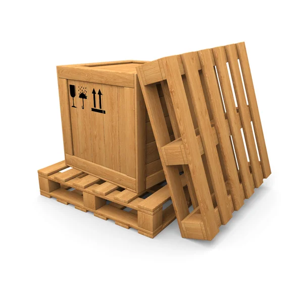 Scatola di legno e due pallet — Foto Stock