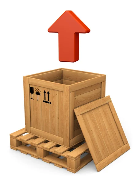 Aprire scatola di legno e freccia rossa. Concetto di estratto . — Foto Stock