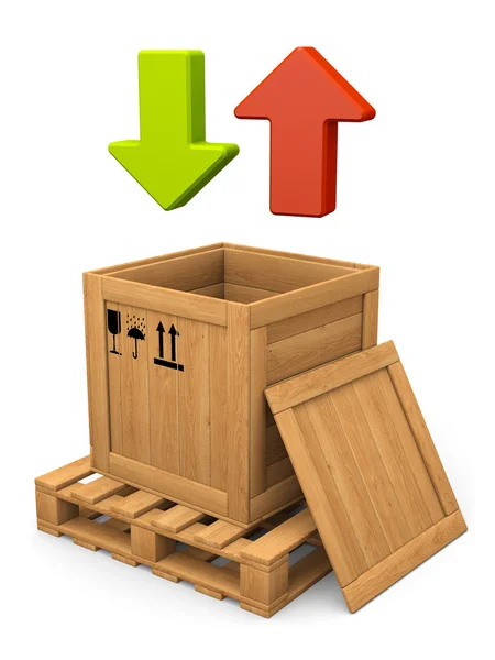 Caja de madera y flechas. Concepto de comunicación . — Foto de Stock