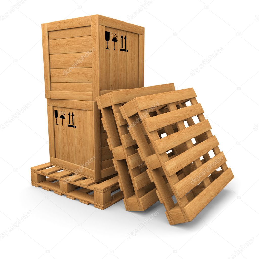 Wooden boxes with print on pallet, pile of pallets