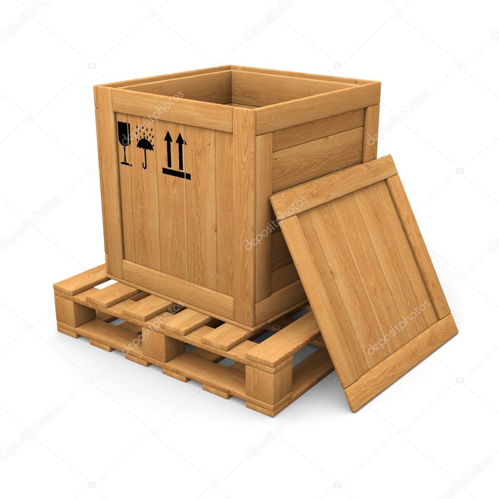 Open wooden with print box on pallet