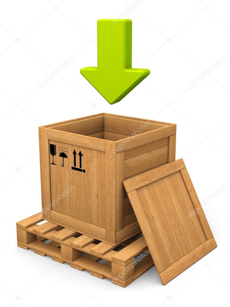 Open wooden box and green arrow. Download concept.