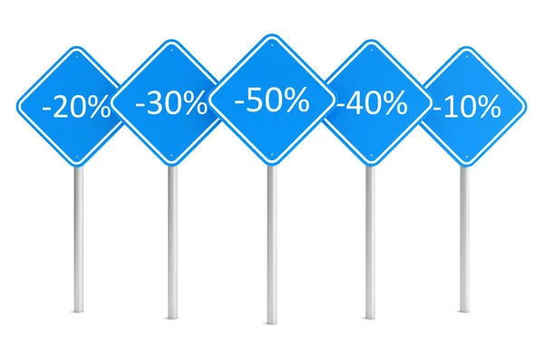 Grupo de señales de carretera rectángulo azul con porcentajes de descuento texto — Foto de Stock