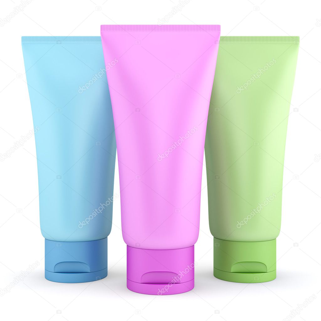 Three blank colorful tubes of cream