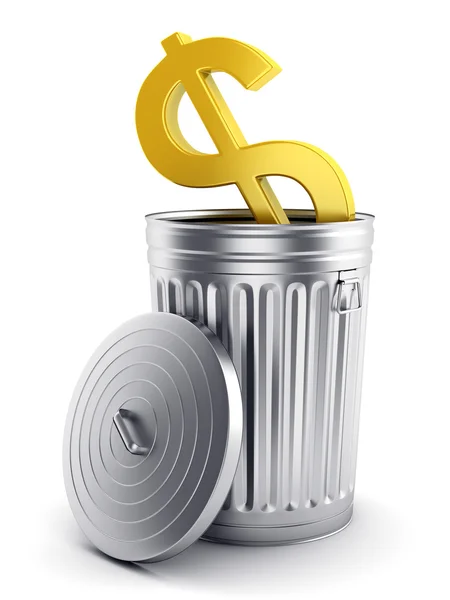 Goldenes Dollarsymbol im stählernen Mülleimer mit Deckel. — Stockfoto