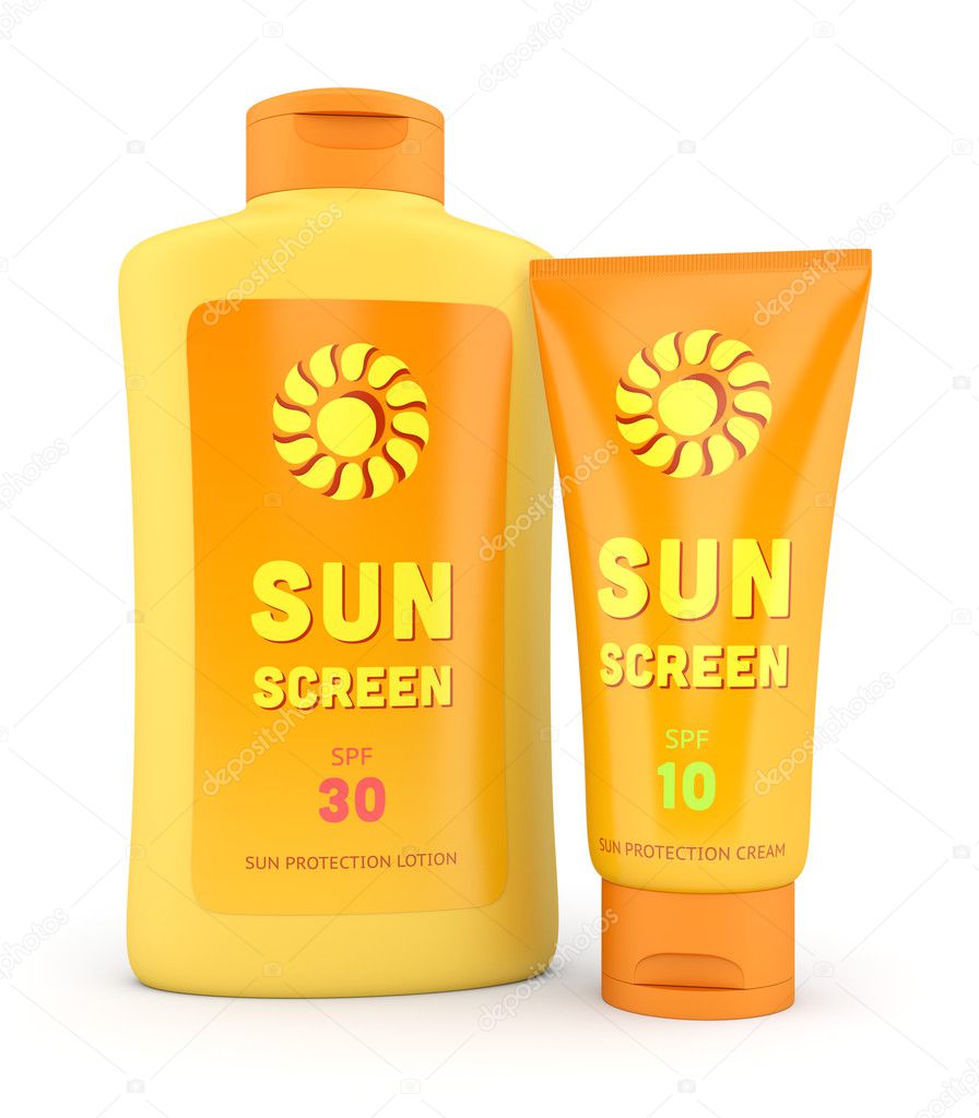 Sunscreen lotion and cream bottle and tube isolated on white