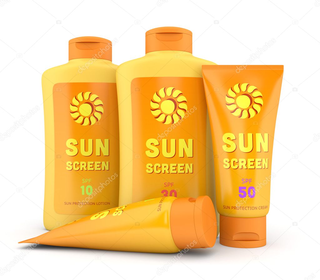 Sunscreen lotion and cream bottles and tubes isolated on white