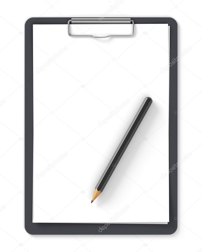 Black clipboard with pencil and blank sheets of paper