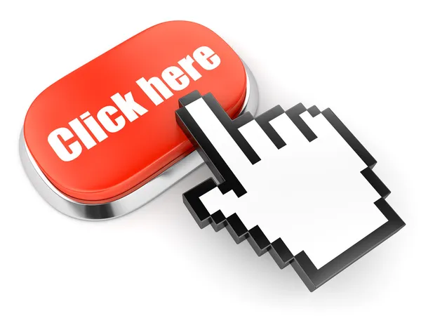 Red button with Click here text and computer hand cursor — Stock Photo, Image