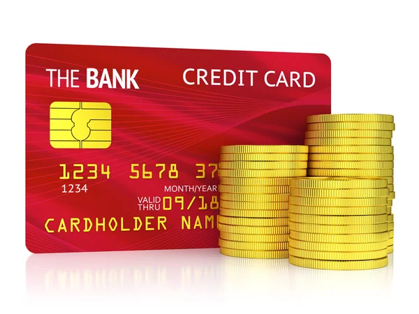 Czerwone karty kredytowej i monety na białym tle — Zdjęcie stockowe