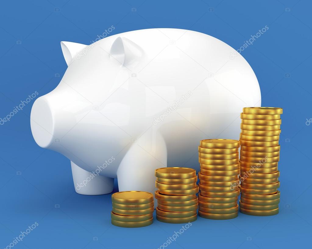 Piggy bank and group of coins