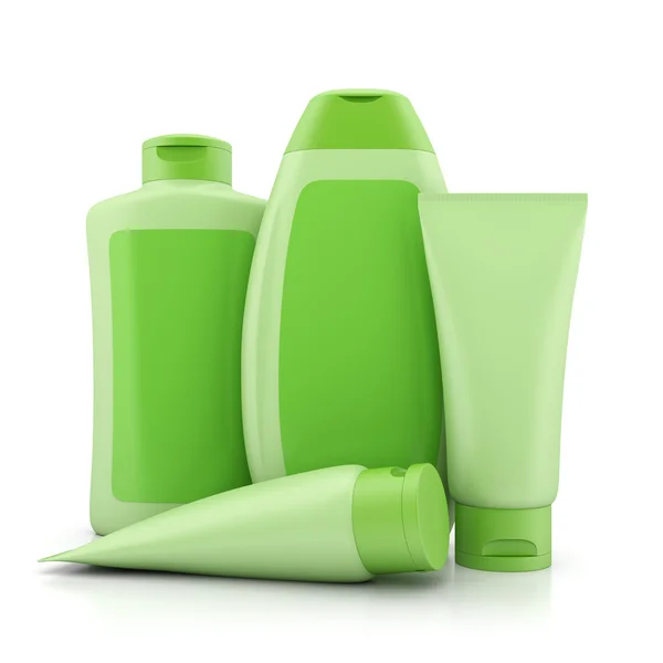 Group of green bio cosmetics containers — Stock Photo, Image