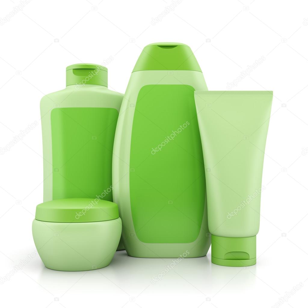 Group of green cosmetic containers