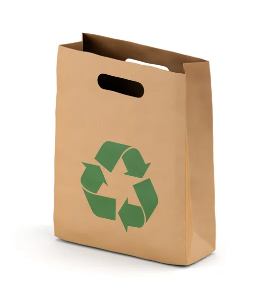 Brun papperspåse med återvinning symbol — Stockfoto