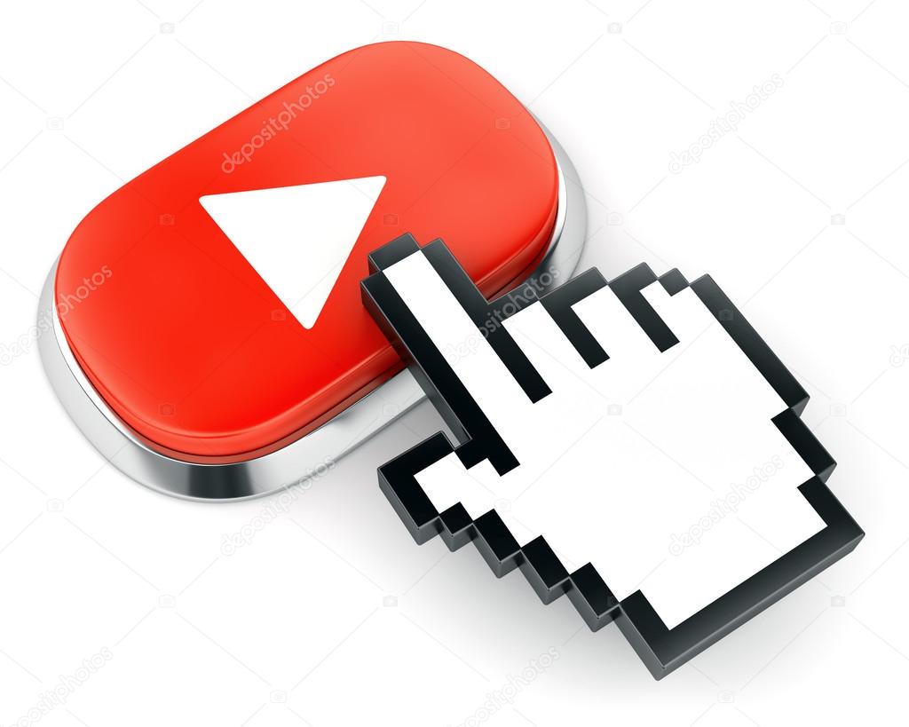 Red web video player button and hand shaped cursor